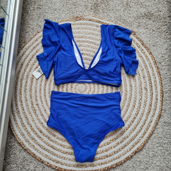 Royal blue, NWT women's Ruffle Shoulder swimsuit bikini,Sz,Small - Picture 4 of 12